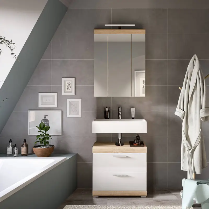 Knallerangebot Badezimmer-Set 2-teilig in Sonoma Eiche mit weiß Hochglanz, mit Spiegelschrank inkl. LED-Aufsatzleuchte - SIROCO-158
