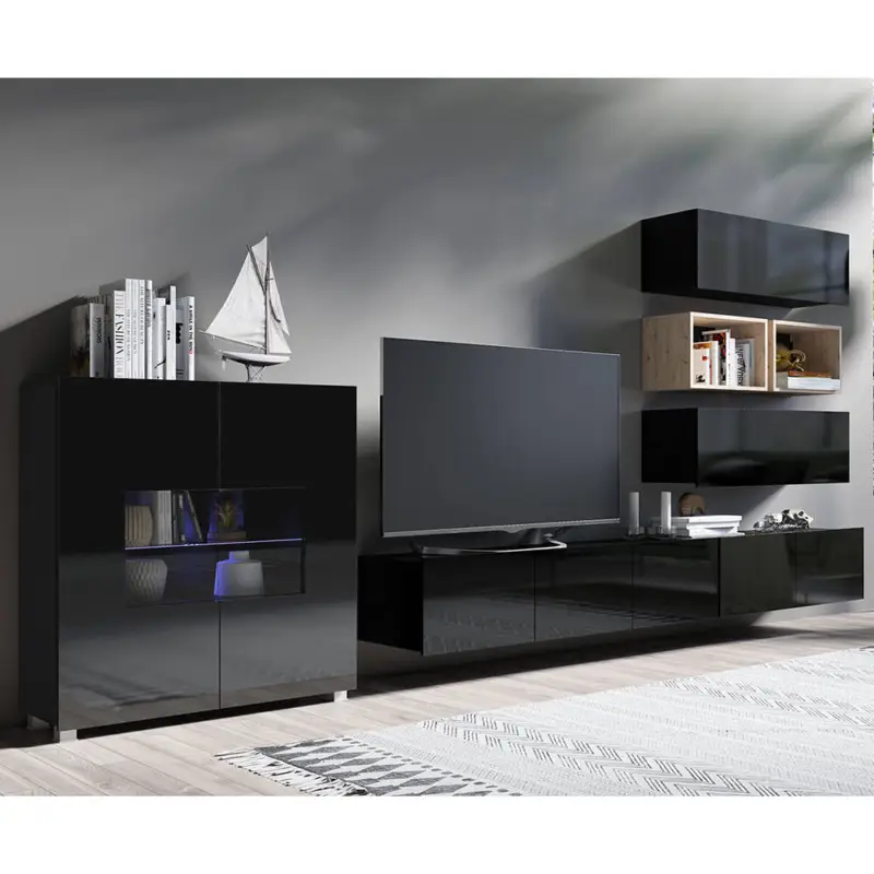 Must-Have Wohnwand inkl. Highboard mit LED Beleuchtung in schwarz Hochglanz mit Artisan Eiche Nb. CAIRNS-132, B/H/T ca. 365/200/43 cm