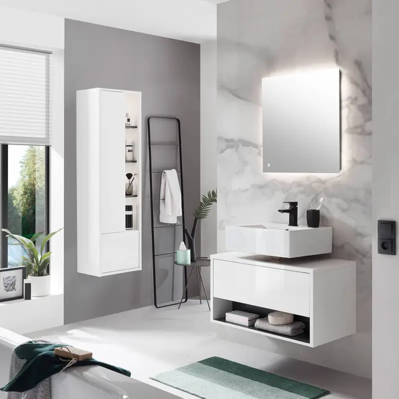 Badezimmer Set mit 80 cm Waschbeckenunterschrank & Hochschrank in Weiß Hochglanz mit Anthrazit, 3-teilig - SALUZZO-61 Versand Am Gleichen Tag