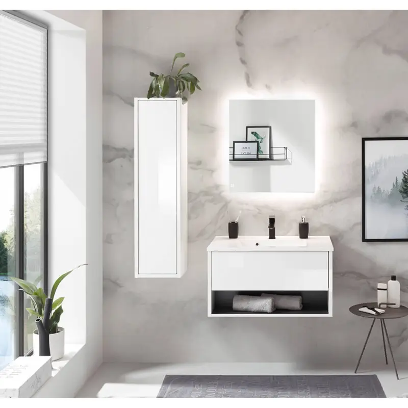 Badezimmer Waschtisch 80 cm & Hochschrank in Weiß Hochglanz mit Anthrazit, 3-teilig inkl. Mineralguss Waschbecken - SALUZZO-61 Markenprodukt