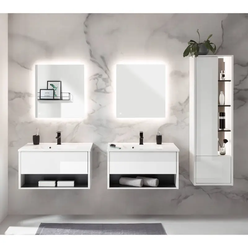 Badezimmer Doppel-Waschplatz 80 cm & Hochschrank in Weiß Hochglanz mit Anthrazit, 5-teilig inkl. Mineralguss Waschbecken - SALUZZO-61 Sofort Bestellen