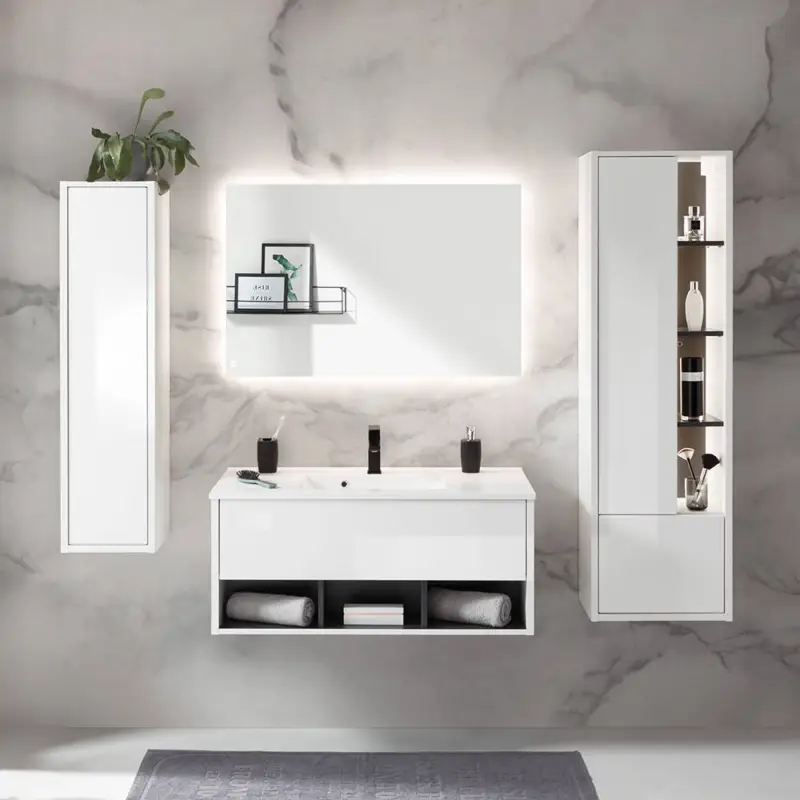 Badezimmer Waschtisch 100 cm & Hochschränke in Weiß Hochglanz mit Anthrazit, 4-teilig inkl. Mineralguss Waschbecken - SALUZZO-61 Neue Kollektion
