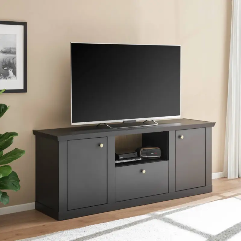 Ausverkauf Wohnzimmer Lowboard 158 cm breit in Schwarz matt, 2 Türen, 1 Schublade, 1 offenes Fach - LORETA-61