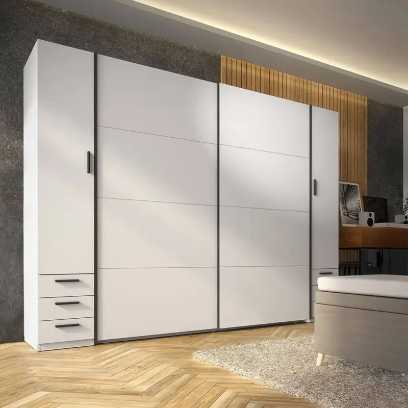 Schlafzimmer Kleiderschrank 263 cm breit in Weiß mit 2 Drehtüren, 2 Schwebetüren & 6 Schubladen - SASSARI-166 Direkt Vom Hersteller
