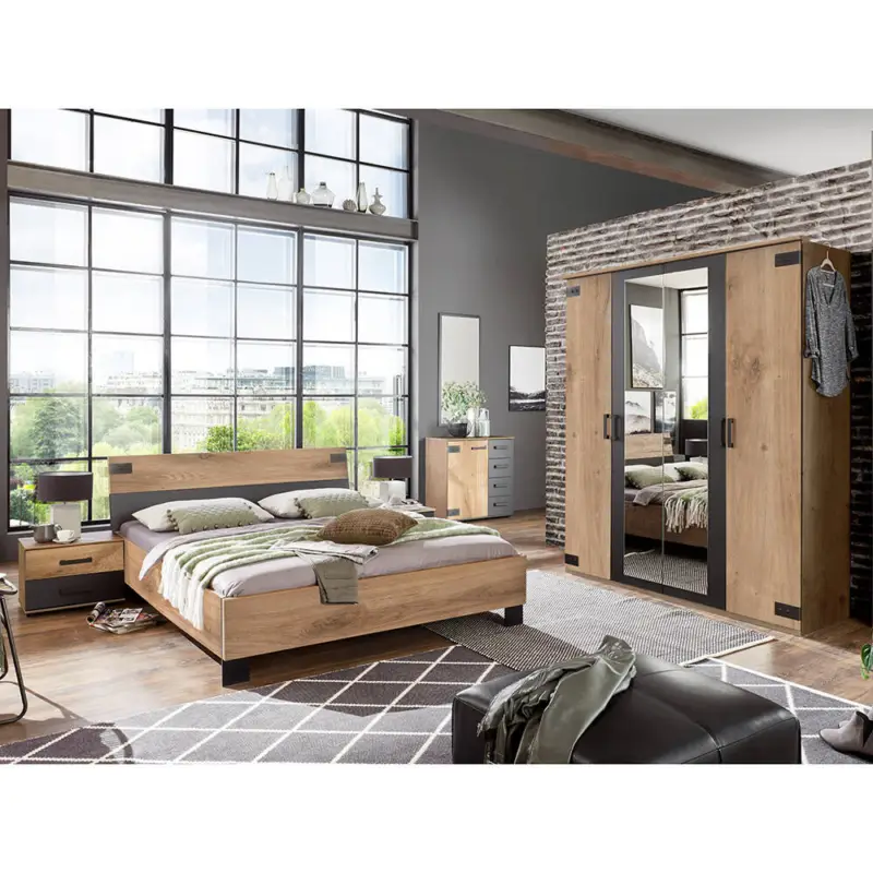 Jetzt Kaufen Schlafzimmer-Set mit Bett 180x200 cm & Kleiderschrank in Eiche mit graphit, 6-teilig - MONTELLA-43