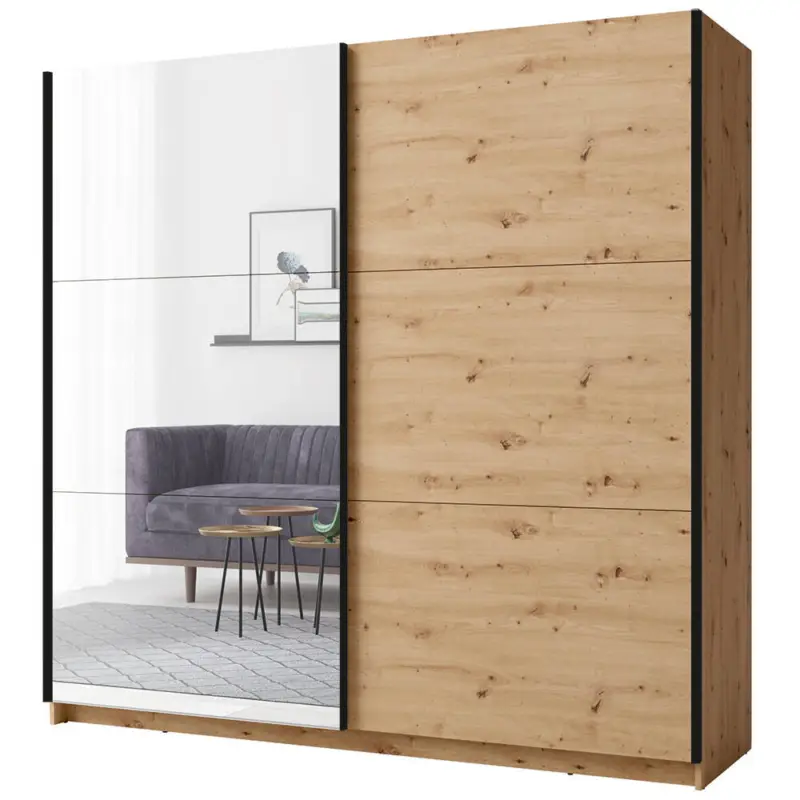 Schlafzimmer Kleiderschrank 200 cm breit in Eiche mit 2 Schwebetüren, Kleiderstange & Spiegel - ANTIBES-166 Aktuell