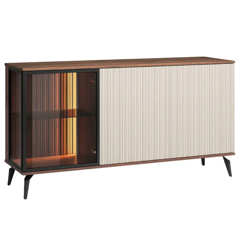 Echt Wohnzimmer Sideboard 154 cm breit in Eiche mit Beige, Vitrinentür, inkl. Beleuchtung - VIC-160