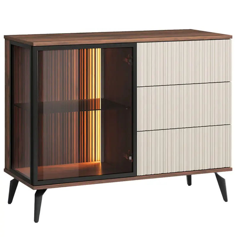 Wohnzimmer Kommode 103 cm breit in Eiche mit Beige, 1 Vitrinentür & 3 Schubladen, inkl. Beleuchtung - VIC-160 Saisonangebot