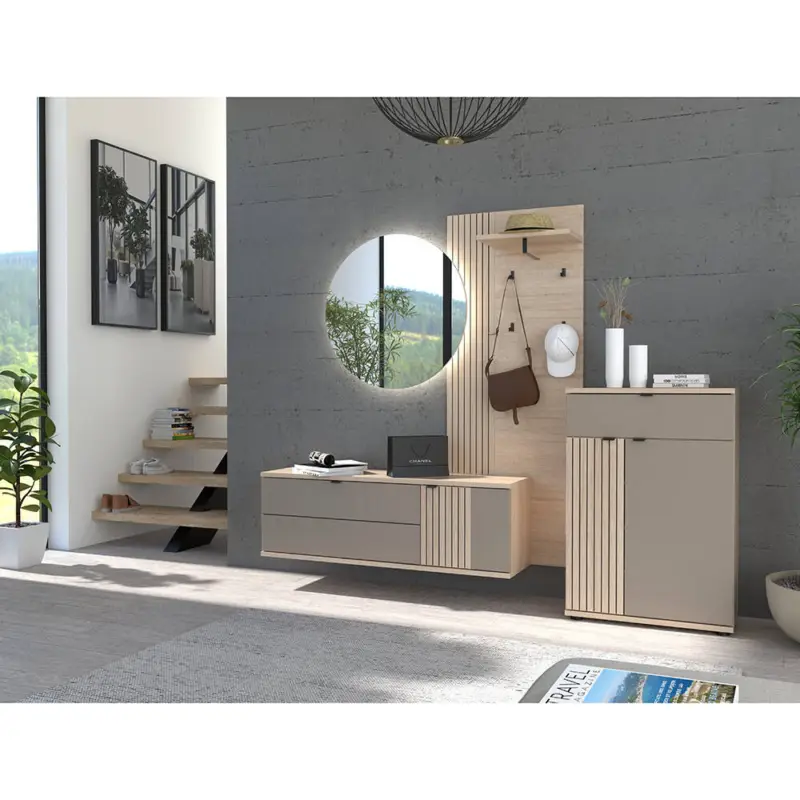 Solange Der Vorrat Reicht Garderobenmöbel Set mit Schuhschrank & Hakenpaneel in Eiche mit grau, Rillenoptik - PALADE-36
