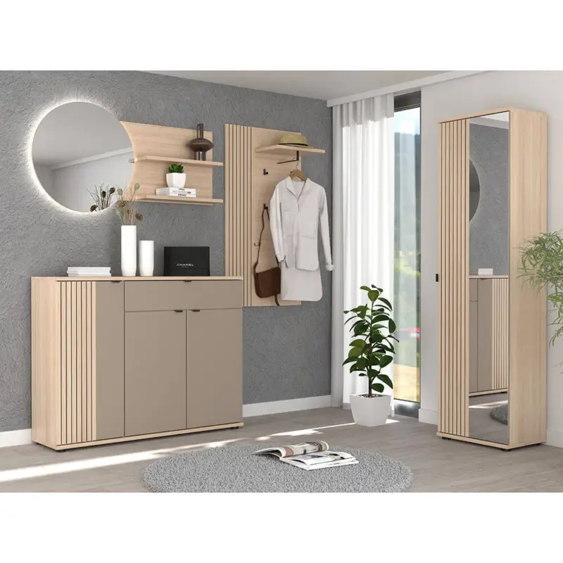 Garderobenmöbel Set mit Schuhschrank & Hakenpaneel in Eiche mit grau, Rillenoptik - PALADE-36 Nur Heute