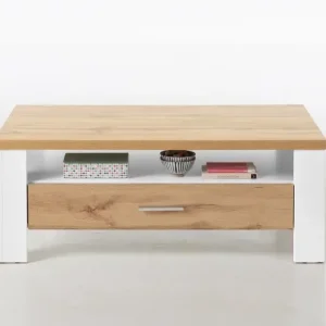 Geprüft Couchtisch Ramira 110x65 cm Weiß supermatt / Eiche Nachbildung