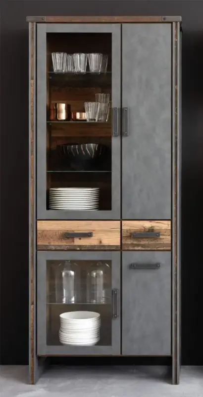 Vitrine Prime Grau/Braun Matera Old-Wood-Optik 89 x 212 x 42 cm Neu Im Sortiment
