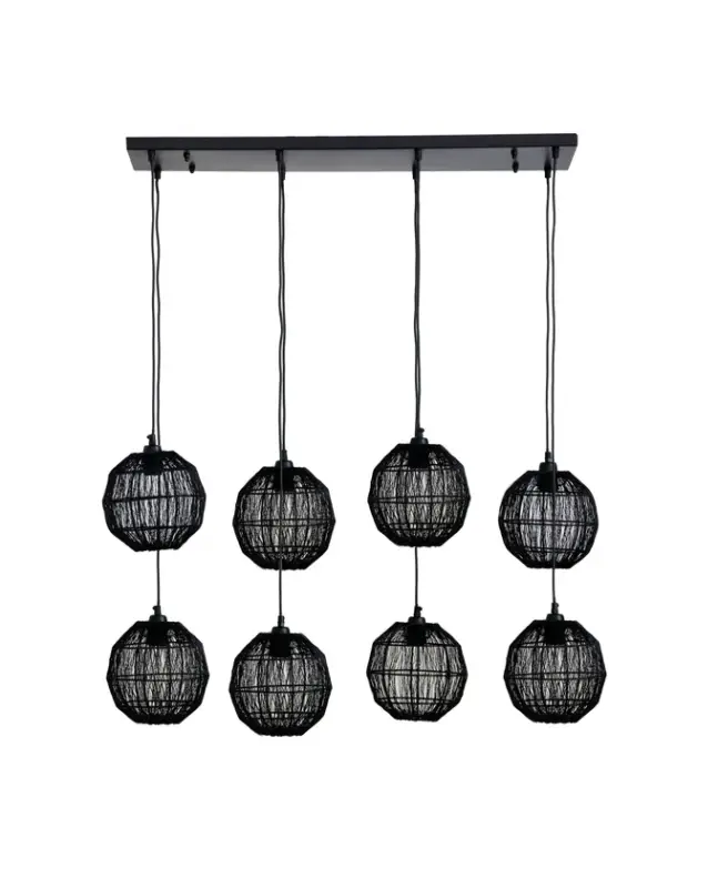 Heißes Angebot GLOBO Retrofit Balkenpendel Hermi II 8-flg Schwarz 94x24cm H.140cm Metall,Geflecht,Matt,höheneinstellbar,Innen